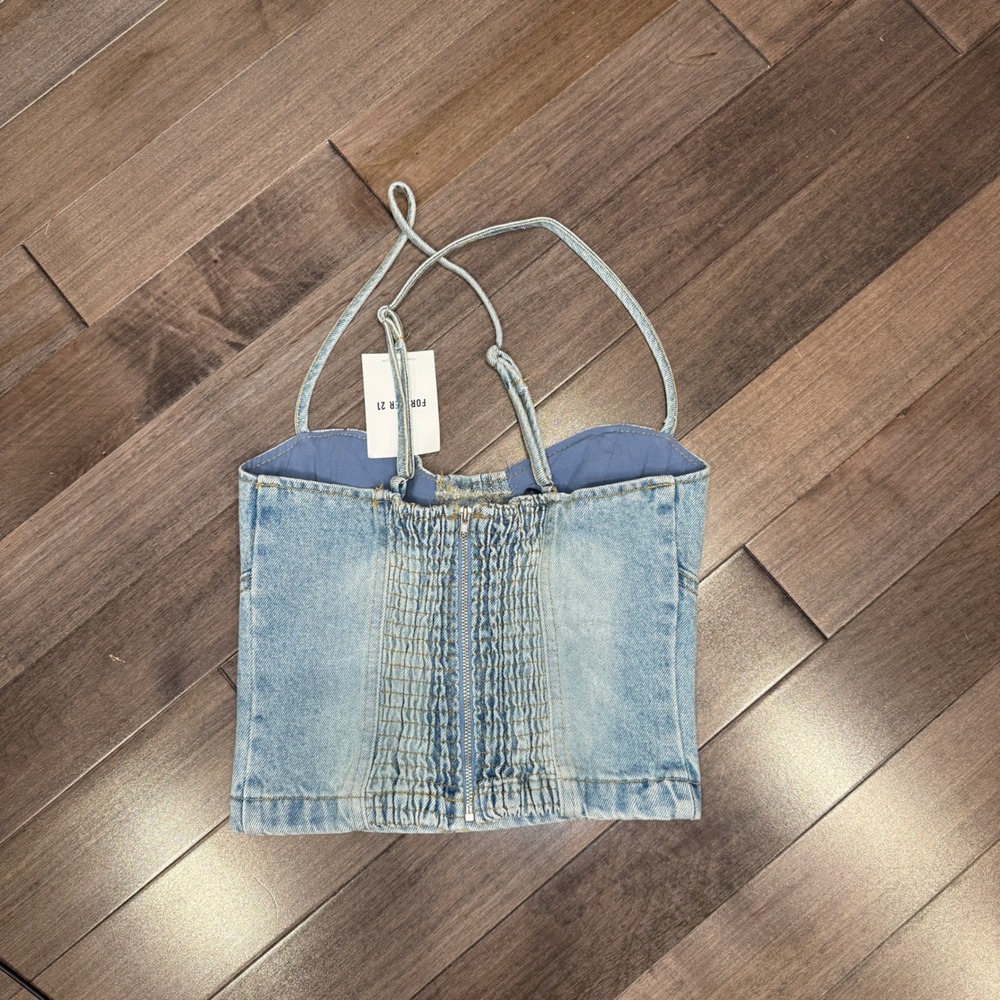 Forever 21 Denim Corset Top Studded‎ Bustier Light Wash Blue Size Small NWT - Picture 2 of 4